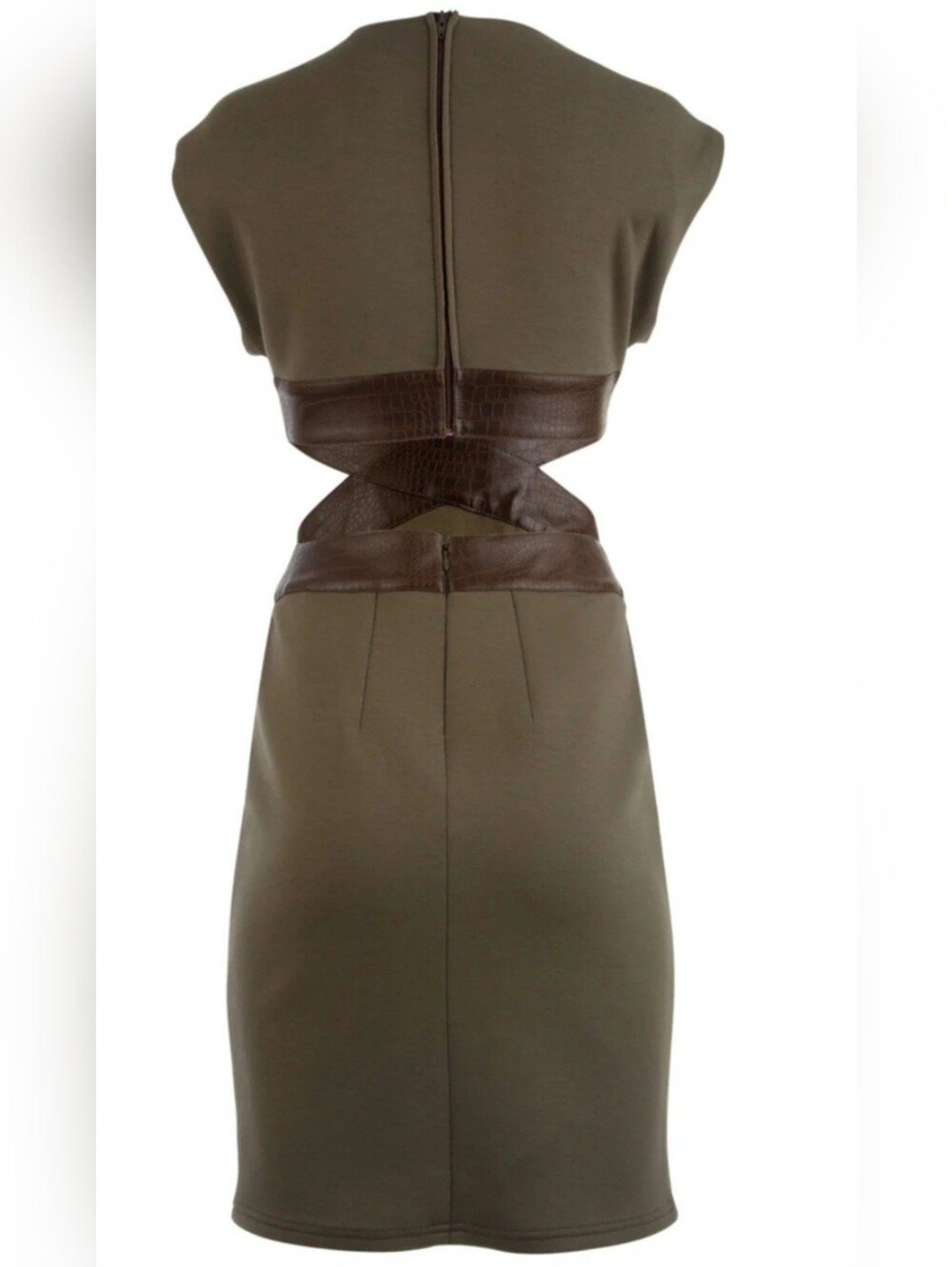 NWT Venus Bodycon Faux Leather Detail Cutout Dress-Brown - Picture 5 of 7